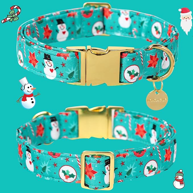 Christmas Dog Collar, Cotton Christmas Collar for Puppy Girl Dog or Cat, Green Dog Collar Flower with Durable Metal Buckle, Christmas Snowman Gift Pet Collar, XL
