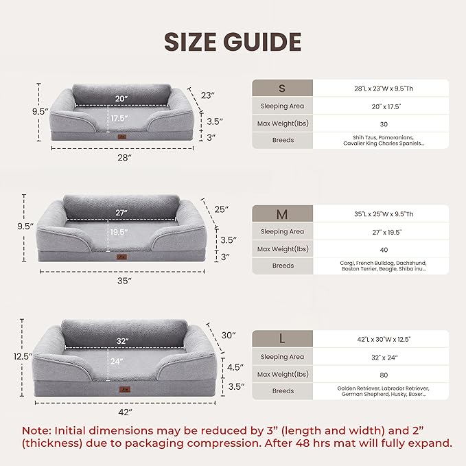 Warmrest XL Orthopedic Dog Beds for Large Dogs, Waterproof Egg-Crate Foam Pet Couch Bed with Soft Sides, Non-Slip Dog Sofa with Fleece Removable Washable Cover, 42" L Supportive Pet Sofa, Light Grey