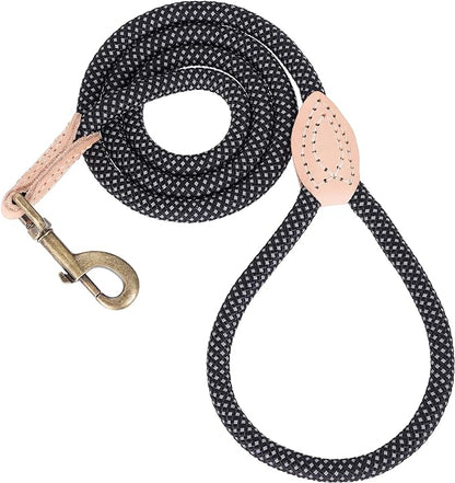 Mile High Life Dog Rope Leash 4 FT with Genuine Leather Tip, Reflective Rope Leash for Medium Large Dogs (Black, 60 Inch)