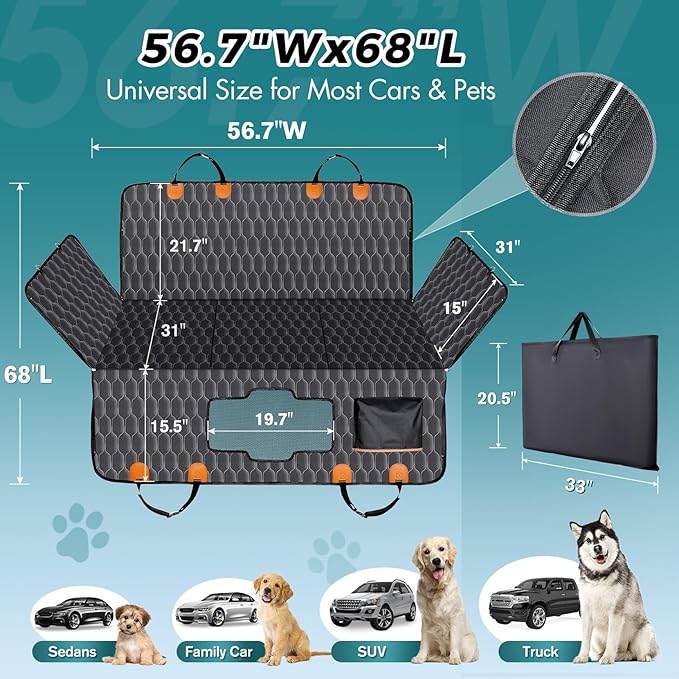 Chumajor XL Back Seat Extender for Dogs-Supports 400lb,Waterproof Dog Car Seat Cover Hard Bottom-Detachable,600D Heavy Duty Scratch Proof Nonslip Soft,Dog Hammock for Car,SUVs