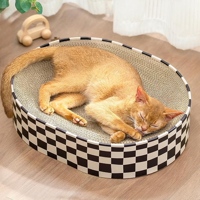 Conlun Cat Scratcher Cardboard,2 in 1 Oval Cat Scratch Pad Bowl for Indoor Kitty Grinding Claw,Round Kittens Scratching Board Corrugated Lounge Pet Beds&Furniture Protector for Sofas