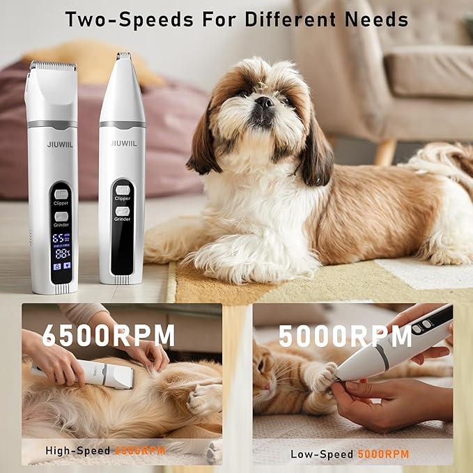 JIUWIIL Dog Clippers for Grooming, 4 in 1 Dog Grooming Kit Hair Clipper with LCD Display, Dog Trimmer for Grooming, Dog Hair Trimmer for Paw Nail Grinder,Shaver Grooming Supplies for Pet Cats Dogs