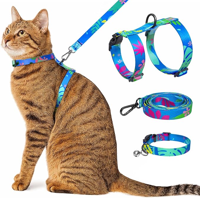 Kaazylab Cat Harness and Leash Set with Matching Collar – Escape Proof Harness for Cats, Adjustable & Lightweight, Tropical Hawaiian Leaf Print, Easy Wear for Outdoor Walking & Training