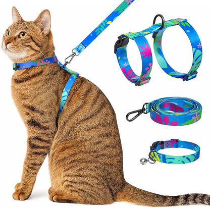 Kaazylab Cat Harness and Leash Set with Matching Collar – Escape Proof Harness for Cats, Adjustable & Lightweight, Tropical Hawaiian Leaf Print, Easy Wear for Outdoor Walking & Training