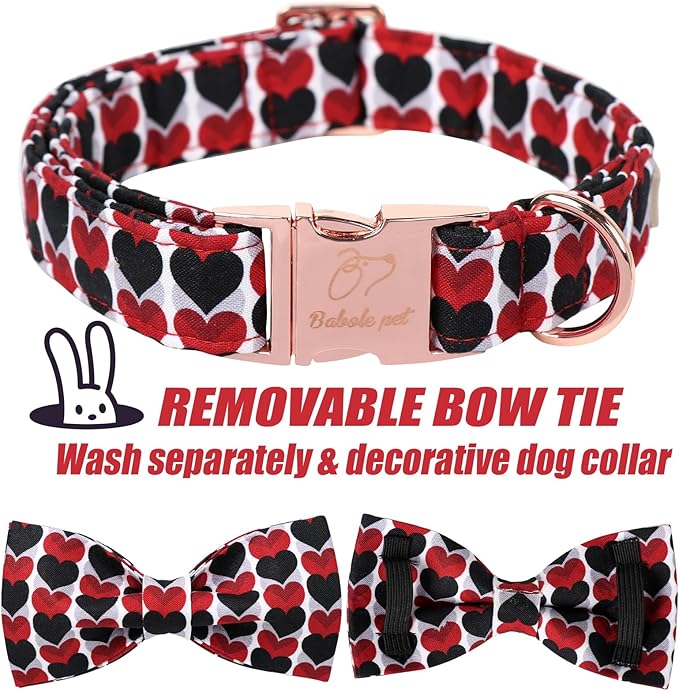 Valentine Dog Collar for Small Dog with Bow Tie, Red&Black Love Heart Valentine Dog Collars with Safety Metal Buckle Adjustable Puppy Collars for Boy & Girl Dogs S