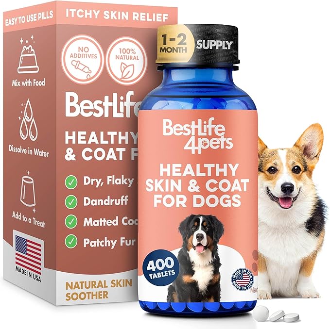 Natural Skin & Coat Supplement for Dogs, Large and Small, Dog Anti Itch Relief for Dry Skin, Rash, Allergy or Irritation, Reduces Shedding, Dandruff and Supports Dog Hair Growth, 400 Small Pills
