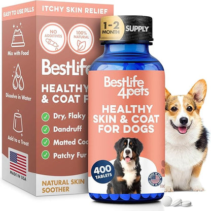 Natural Skin & Coat Supplement for Dogs, Large and Small, Dog Anti Itch Relief for Dry Skin, Rash, Allergy or Irritation, Reduces Shedding, Dandruff and Supports Dog Hair Growth, 400 Small Pills