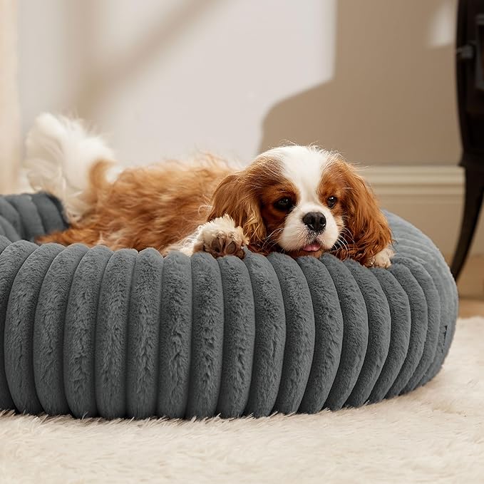 Bedsure ComfyFleece Donut Medium Dog Bed - Washable Faux Fur with Corduroy Fleece & Anti Slip Bottom, Round Pet Bed with Removable Cover, Warm Grey, 30x30x8 inches