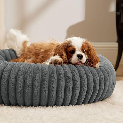 Bedsure ComfyFleece Donut Medium Dog Bed - Washable Faux Fur with Corduroy Fleece & Anti Slip Bottom, Round Pet Bed with Removable Cover, Warm Grey, 30x30x8 inches