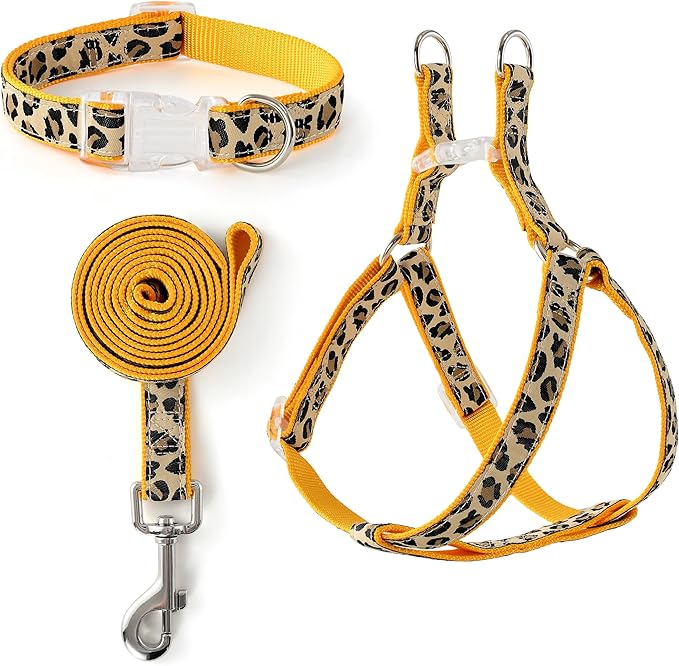 Mile High Life Leopard Dog Harness Collar Leash Set, Adjustable No Pull Dog Halter Harness for Small Breed Dogs, Easy Control for Training Walking (Yellow, XS Chest 9"-15", Neck 8"-12")