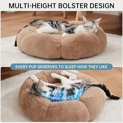 OhGeni 20 inches Calming Donut Dog & Cat Bed for Small Pets, Warming Comfort Fluffy Short Pile Fur, Durable Machine Washable, Cute Round Bed for Puppy and Kitten, Camel