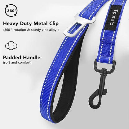 6 Foot Blue Dog Leashes for Large Medium and Small Breed Dogs That Pull,Reflective Nylon Heavy Duty Dog Leash with 2 Comfortable Padded Traffic Handles and Car Seat Belt for Walking and Training