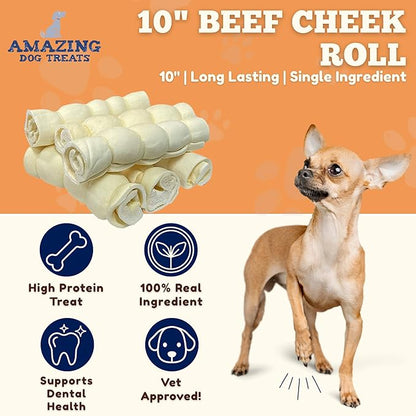 Amazing Dog Treats - Beef Cheek Rolls (10 Inch Regular - 4 Pcs) - Safe Rawhide Alternative Dog Chew - Great for Power Chewers - Long Lasting Dog Chew - Retriever Rolls for Dogs