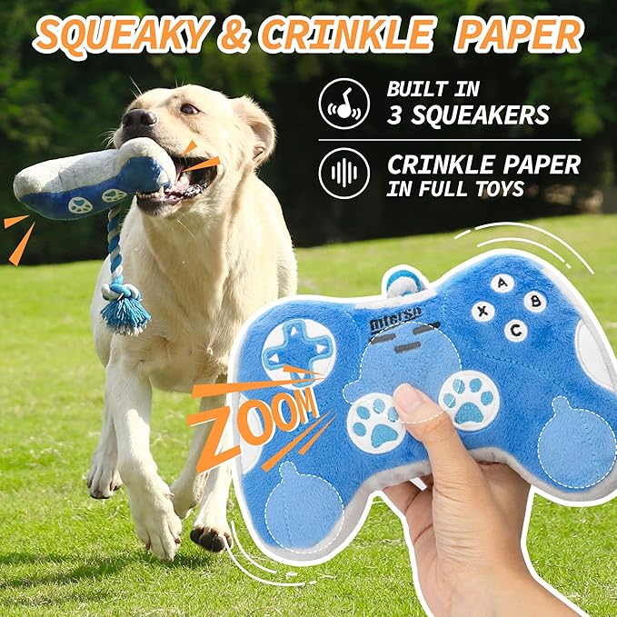 MTERSN Cute Squeaky Dog Toys : Blue Game Controller Plush Dog Toy and Funny Puppy Chew Toys with Full Crinkle Paper - Cool Pet Birthday Toys for Small, Medium and Large Dogs