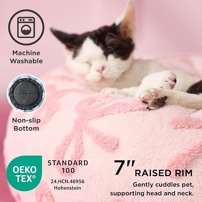 LE SURE Donut Small Dog Bed - Round Cat Beds for Indoor Cats Anti-Anxiety Calming Gift for Pets, Washable Cute Modern Beds with Jacquard Shaggy Plush & Anti Slip Bottom, 23 Inch, Pink Taffy