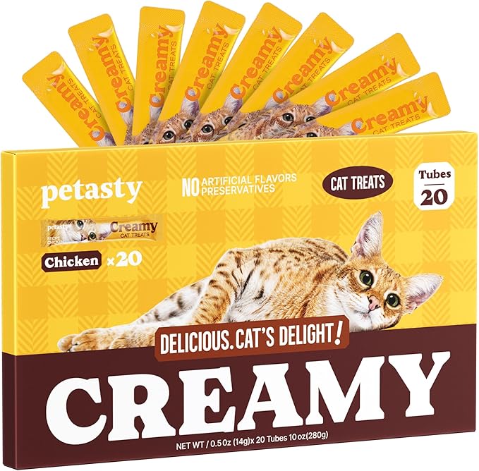 PETASTY Squeezable Stick Lickable Cat Treats, Grain-Free, Chicken Soft Creamy Puree with Vitamin E, High Protein Wet Cat Treat, No Artificial Additives for Daily Interactive Training Reward, 20 Tubes