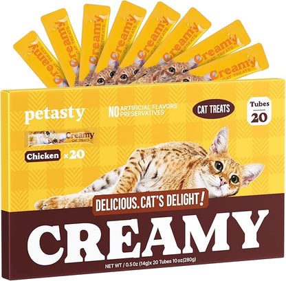 PETASTY Squeezable Stick Lickable Cat Treats, Grain-Free, Chicken Soft Creamy Puree with Vitamin E, High Protein Wet Cat Treat, No Artificial Additives for Daily Interactive Training Reward, 20 Tubes
