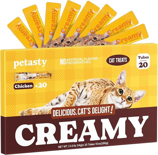 PETASTY Squeezable Stick Lickable Cat Treats, Grain-Free, Chicken Soft Creamy Puree with Vitamin E, High Protein Wet Cat Treat, No Artificial Additives for Daily Interactive Training Reward, 20 Tubes