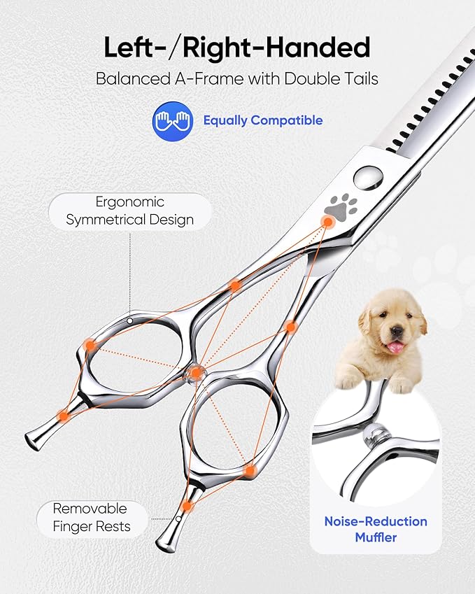 ULG Professional Dog Grooming Scissors 7.0” Straight Chunker Shear 65%-75% Thinning Rate 440C Japanese Stainless Steel Tension Adjustable Left & Right Handed Pet Grooming Shears