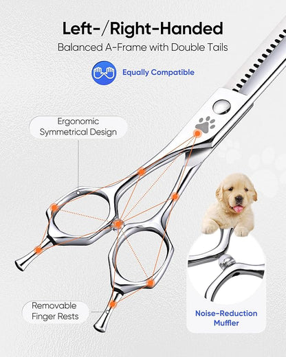 ULG Professional Dog Grooming Scissors 7.0” Straight Chunker Shear 65%-75% Thinning Rate 440C Japanese Stainless Steel Tension Adjustable Left & Right Handed Pet Grooming Shears