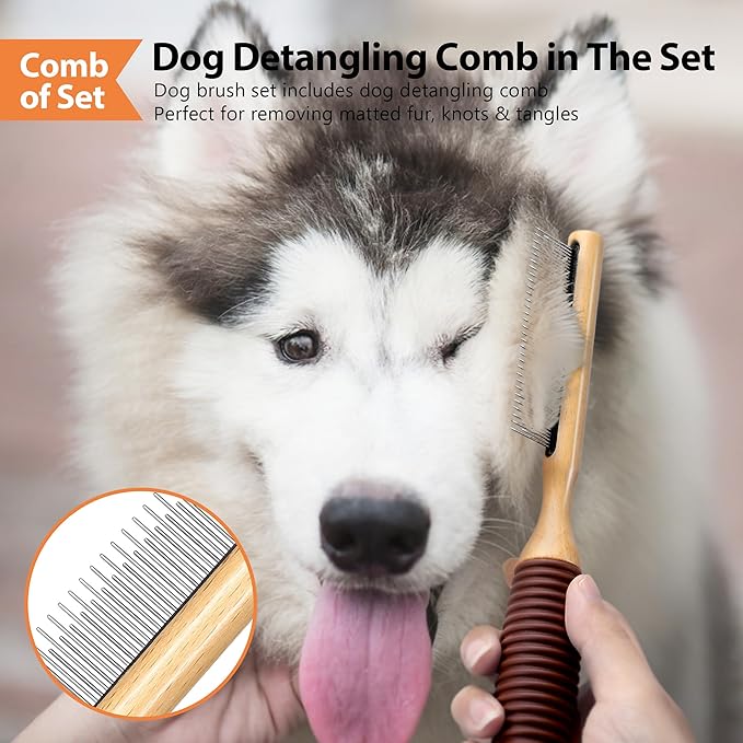 GROOMAGE Dog Brush for Long Haired Dogs, 27mm Extra Long Metal Pin Dog Deshedding Brush and Comb Set, Short Haired Shedding Grooming Detail Pets Brush Set with Rubber Handle