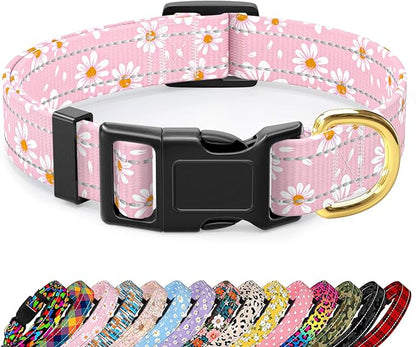 Reflective Dog Collar for Medium Dogs, Cute Daisy Theme Adjustable Heavy-Duty Nylon Puppy Collar for Boy and Girl Female, Soft Pet Accessories with Quick Release Buckle, Neck 14-20", Pink