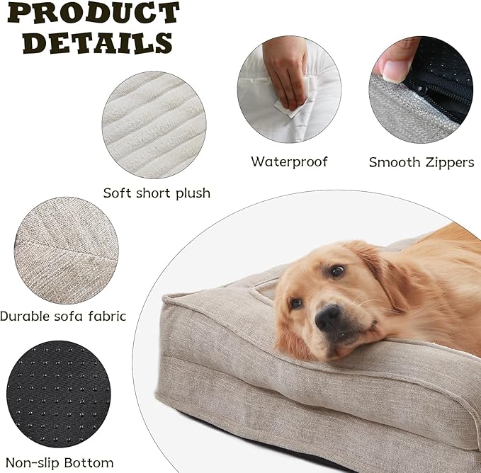 WINDRACING Orthopedic Dog Beds for Medium Dogs, Waterproof Egg Foam Dog Sofa Bed with L Bolster Sides, Washable Medium Pet Bed with Removable Cover & Non-Slip Bottom, 31 x 25 inch, Beige