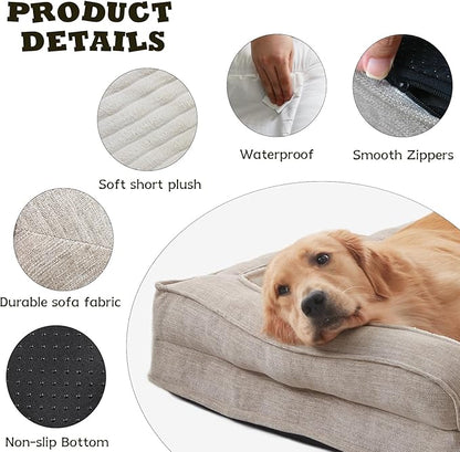 WINDRACING Orthopedic Dog Beds for Large Dogs, Waterproof Egg Foam Dog Sofa Bed with L Bolster Sides, Washable Large Pet Bed with Removable Cover & Non-Slip Bottom, 36 x 27 inch, Beige