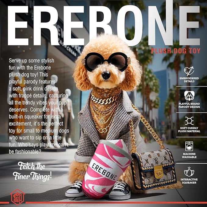 Chomp Haus Erebone – Luxurious Plush Dog Toy with Squeaker, Premium Fabric, Embroidered Details, Designer-Inspired Chew Toy, Fun Gift for Small to Medium Dogs & Dog Lovers
