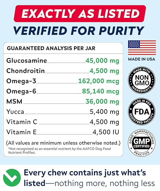 Glucosamine Treats for Dogs - Joint Supplement w/ Omega-3 Fish Oil - Chondroitin, MSM - Advanced Mobility Chews - Joint Pain Relief - Hip & Joint Care - Peanut Butter Flavor - 180 Ct - Made in USA