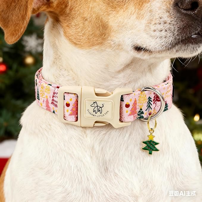 Elegant little tail Christmas Dog Collar - Christmas Tree Pink Pet Collar Cotton Soft Plastic Buckle Durable Puppy Collars Female or Male Adjustable Collar for Medium Dogs