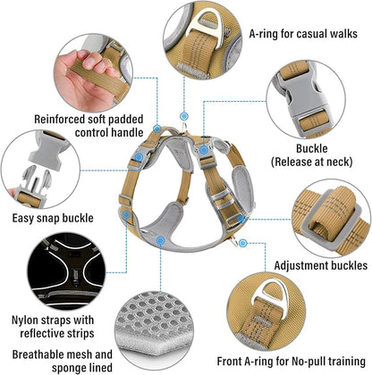 Plutus Pet No Pull Dog Harness, Release at Neck, Reflective Adjustable Dog Vest Harness, Easy Control Handle for Walking, for Small Medium Large Dogs, Khaki, L