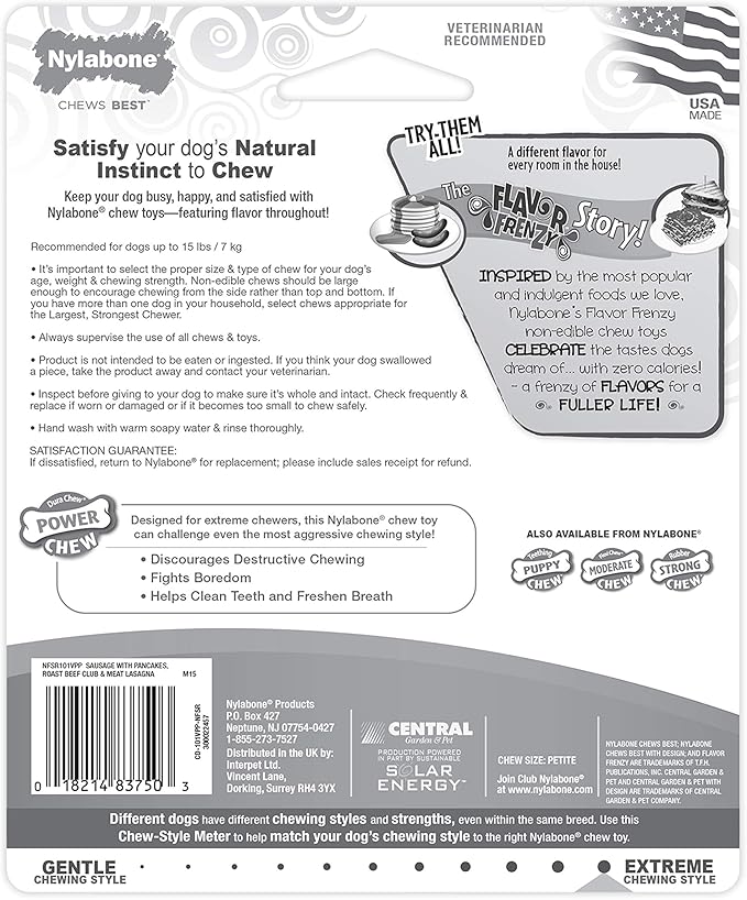 Nylabone Original Bone Power Chew Toy for Dogs, Durable Dog Toys for Aggressive Chewers, Flavor Frenzy Pancakes & Sausage, Roast Beef, & Lasagna, X-Small - Up to 15 lbs, 3 Pack