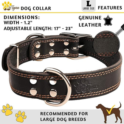 ADITYNA Heavy Duty Leather Dog Collar for Large Dogs - Soft and Strong Black Leather Collar for Walking and Training (Large: Fit 17" - 23" Neck, Black)