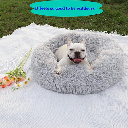 Calming Dog Bed for Medium Dogs Washable Donut 30 inches Anti-Slip Pet Bed,Round Fluffy Plush Faux Fur Cat Bed,Fits up to 45 lbs Pets,Frost Grey
