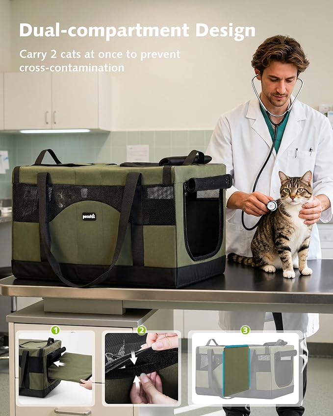 Pecute Large Cat Carrier for 2 Cats Built-in Steel Frame & Removable Divider,Pet Carrier for Car Travel,Foldable Dog Crate,Soft Double Cat Crate with Breathable Mesh,Vet,Green