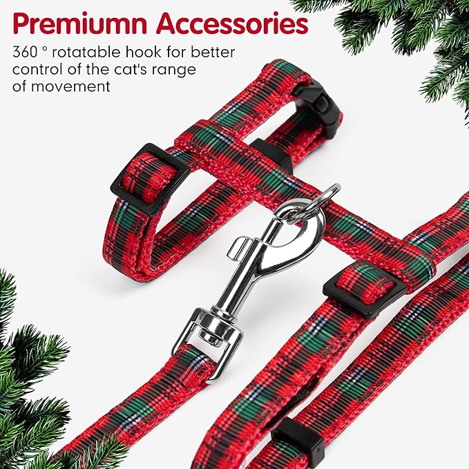 azuza Cat Harness and Leash Set for Safe Walking, Escape Proof, Soft and Comfortable, Adjustable Kitten Harness for Small Medium Large Cats, Christmas Plaid, Neck Girth: 7"-10", Chest Girth: 10"-17"