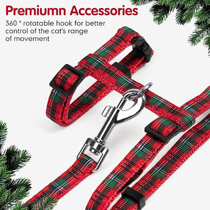 azuza Cat Harness and Leash Set for Safe Walking, Escape Proof, Soft and Comfortable, Adjustable Kitten Harness for Small Medium Large Cats, Christmas Plaid, Neck Girth: 7"-10", Chest Girth: 10"-17"