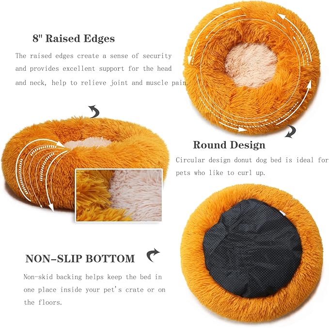 Calming Donut Dogs Beds for Small Dogs Washable,19inch Fluffy Round Puppy Bed for Puppies,Cats & Toy Breeds with Raised Rim,Fits up to 15 lbs Pets,Orange