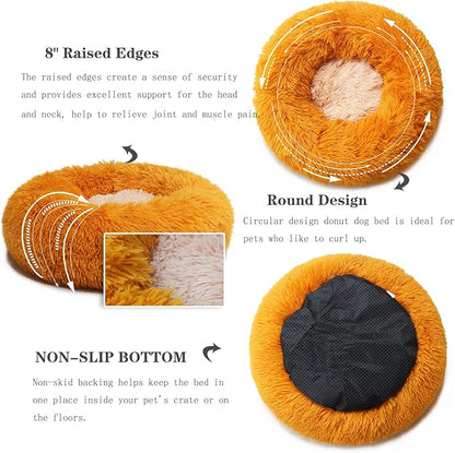 Calming Donut Dogs Beds for Small Dogs Washable,19inch Fluffy Round Puppy Bed for Puppies,Cats & Toy Breeds with Raised Rim,Fits up to 15 lbs Pets,Orange