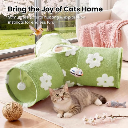 Tempcore Flannel Pet Cat Tunnel Tube Cat Toys 3 Way Collapsible, Cat Tunnels for Indoor Cats，Kitty Tunnel Bored Pet Toys Peek Hole Toy Ball Puppy, Kitty, Kitten, Rabbit Daisy Green