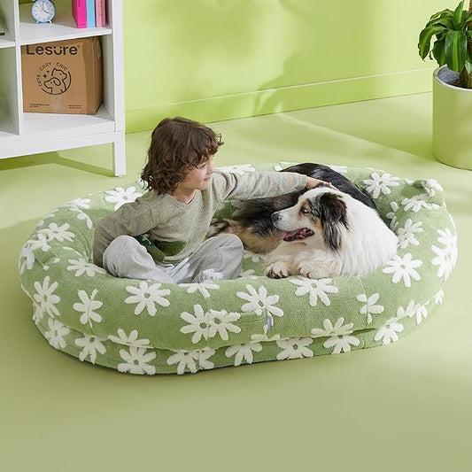 LE SURE Human Dog Bed for Adult & Kids - Calming XXL Size Bed with Egg Foam Supportive Mat as Gift for Family, Cute Modern Beds with Jacquard Shaggy Plush & Anti Slip Bottom 55x37x10, Blue