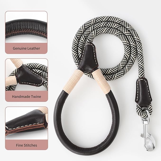 Mile High Life Genuine Leather Wrapped Handle Dog Leash, w Heavy Duty Clasp Rope Leash for Small Medium Large Dogs (Black Beige, 5FT)