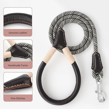Mile High Life Genuine Leather Wrapped Handle Dog Leash, w Heavy Duty Clasp Rope Leash for Small Medium Large Dogs (Black Beige, 6FT)