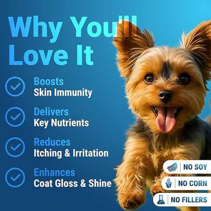 WuffWell Omega 3 Fish Oil for Dogs Chews – Skin and Coat Supplement with Salmon Oil for Dogs – Allergy & Itch Relief, Dog Shedding and Dry Skin Support – Vet Approved – Made in USA – 140 Soft Chews