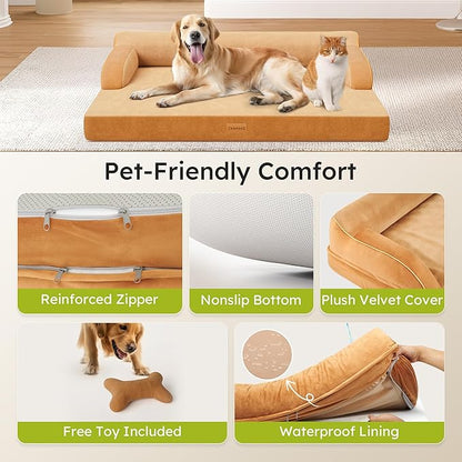 CWAWZ XL Plus Orthopedic Dog Bed, Big Dog Bed for Large Sized Dogs, Dual-Sided Pet Cooling Beds with Memory Foam Washable Cover Nonslip Bottom, Waterproof Pet Couch with Bolster, Brown