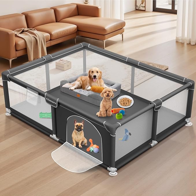 71x59x26 Inches Puppy Playpen with Gate, Dog Playpen for Puppies or Small Dogs, Sturdy Safety Dog Fence Pet Playpen with Thickened Fabric, High-Strength Nylon Wire Mesh for Indoor & Outdoor,Washable