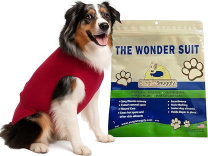 SurgiSnuggly Veterinary Invented Dog Surgical Recovery Suit for Female Spay or Male Dogs Neuters,Cone Alternative, Original Dog Onesie Bodysuit for After Surgery Small, Medium, Large Dogs Red XL EC