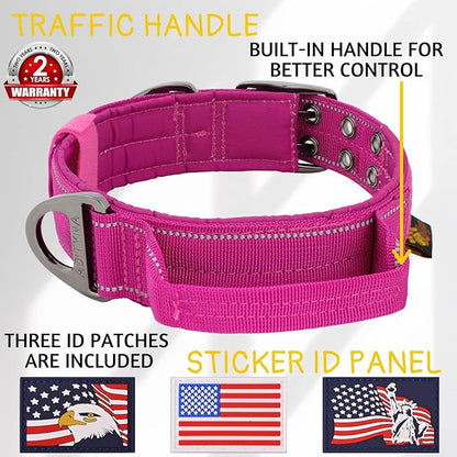 ADITYNA Heavy Duty Dog Collar for Large Dogs - Reflective Magenta Collar with Handle for Training, and Walking - Wide, Thick, Tactical, Soft Neoprene Padded