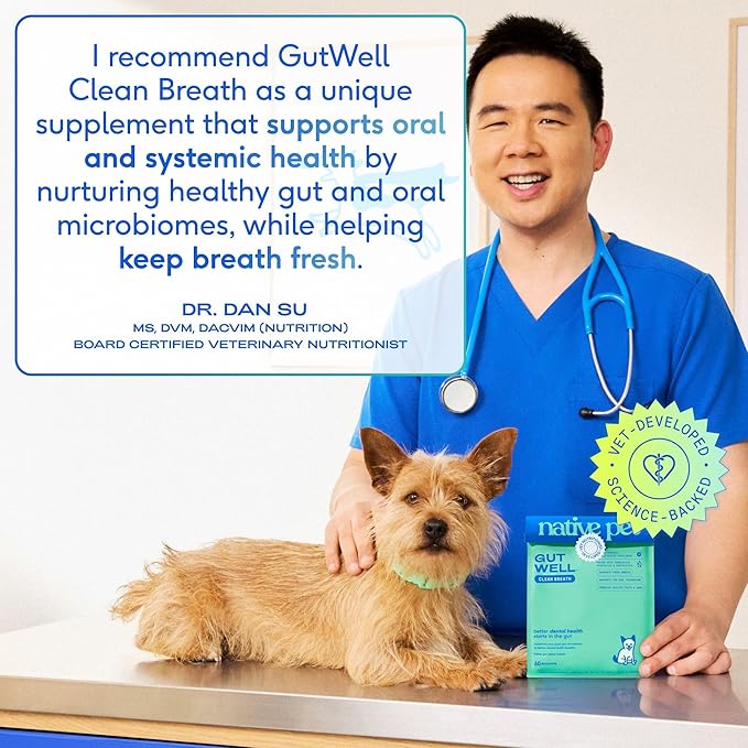 GutWell Clean Breath - Dog Breath Freshener & Dog Dental Powder - Teeth Cleaning to Reduce Plaque & Tartar - Promotes Fresh Breath with Targeted Triple-biotic Dental Care Blend - 120 Scoops